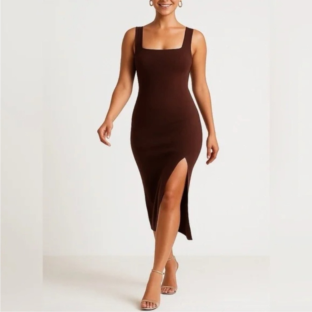 MESHKI - Jenna Square Neck Bandage Midi Dress in Chocolate Size M